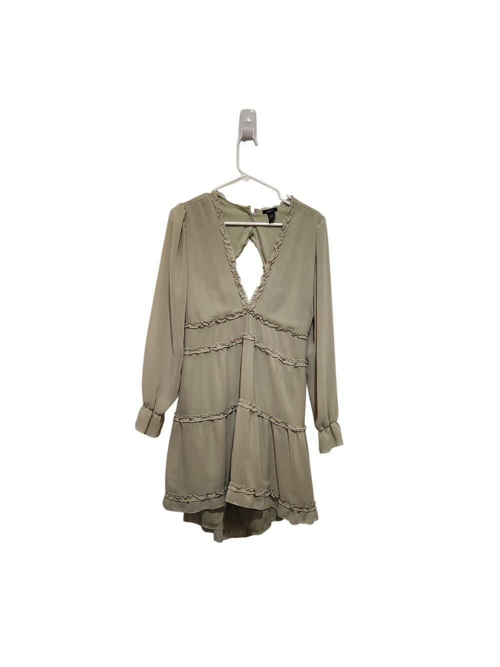 Rue 21 Sage Green Plunge Neck Long Sleeve Ruffle Tiered Boho A-Line Mini Dress L
